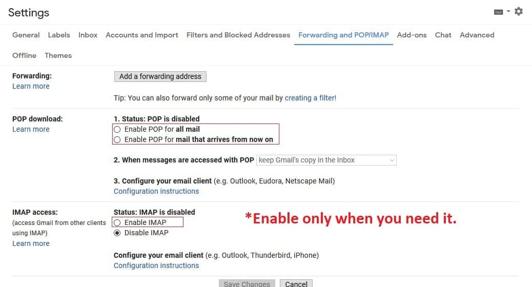 POP and IMAP settings for Gmail